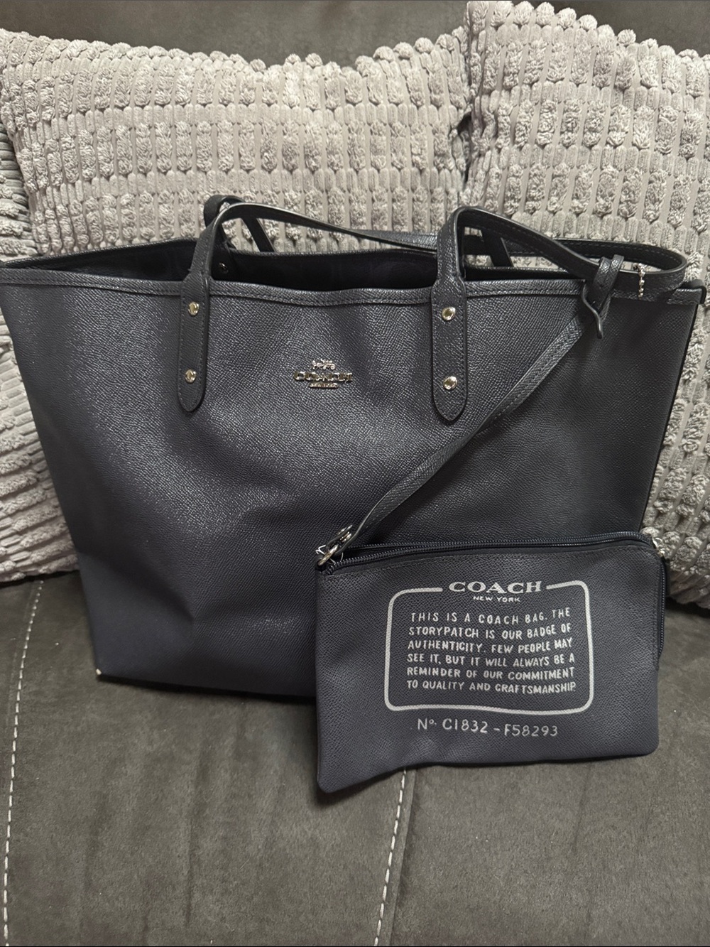 Coach Navy reversible Leather Tote with Removable Logo Pouch